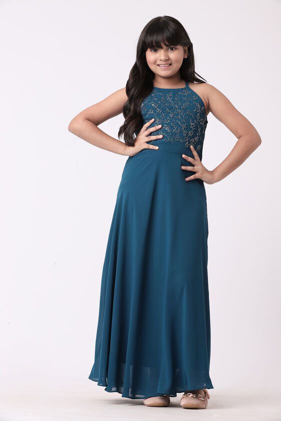 Teal Solid Flared Gown, Teal, image 1